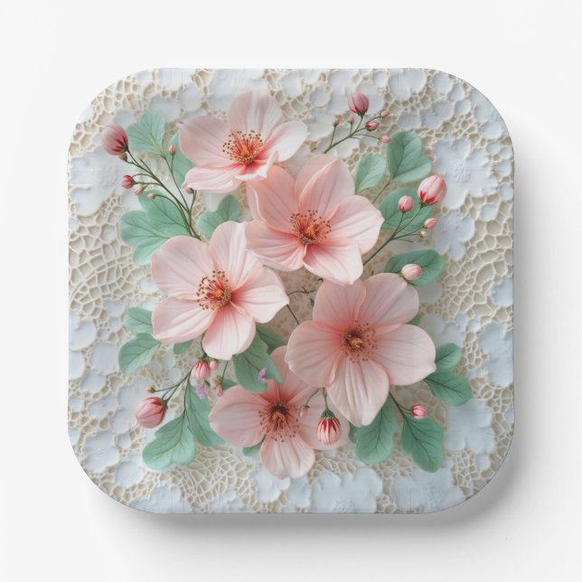 Pink Cosmos Wedding Flowers On Lace Paper Plates (Front)