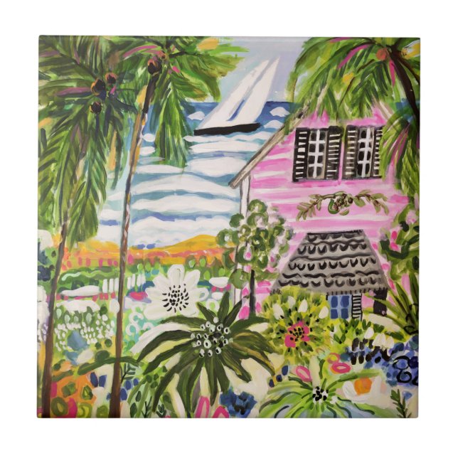 Pink Cottage by the Bay I Ceramic Tile (Front)