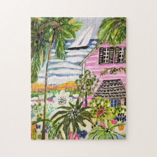 Pink Cottage by the Bay I Jigsaw Puzzle