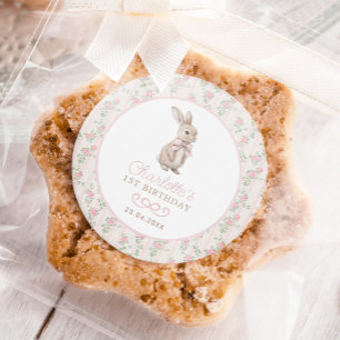 Pink Cottage Chic Bunny Floral Girl 1st Birthday Classic Round Sticker