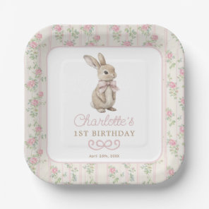 Pink Cottage Chic Bunny Floral Girl Birthday Paper Plates