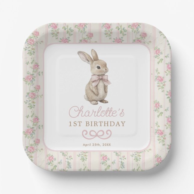 Pink Cottage Chic Bunny Floral Girl Birthday Paper Plates (Front)