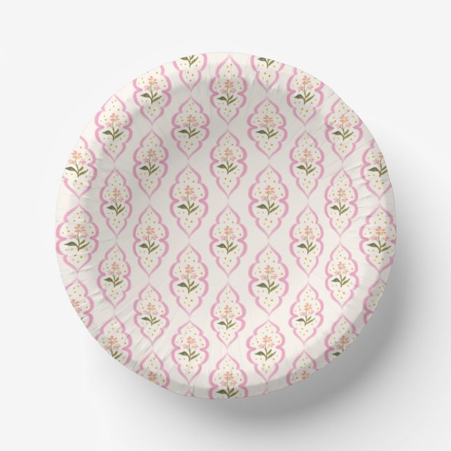 Pink Cottage Floral Ogee Patterned Paper Bowls (Front)