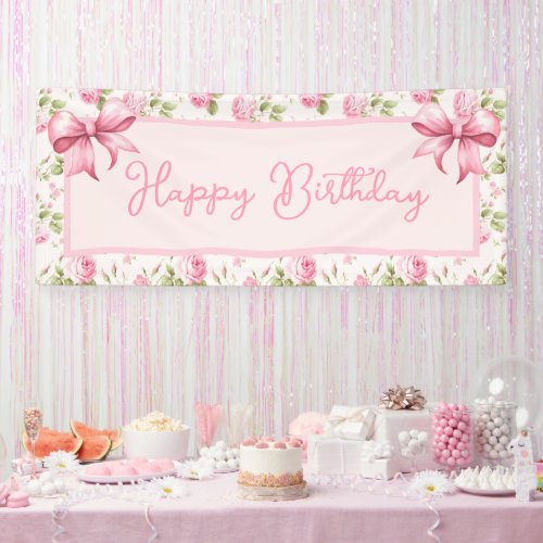 Pink Cottage Rose Happy Birthday Banner