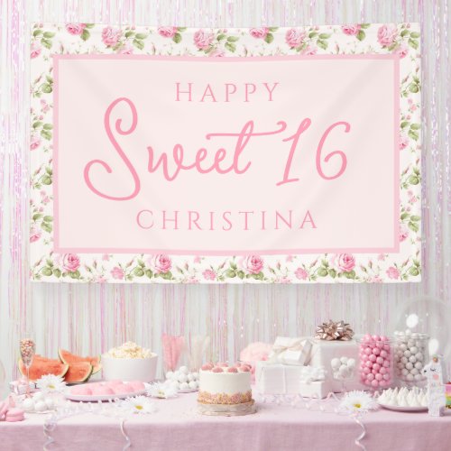 Pink Cottage Rose Happy Sweet 16th Birthday Banner