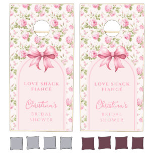 Pink Cottage Rose Love Shack Fiancé Bridal Shower Cornhole Set