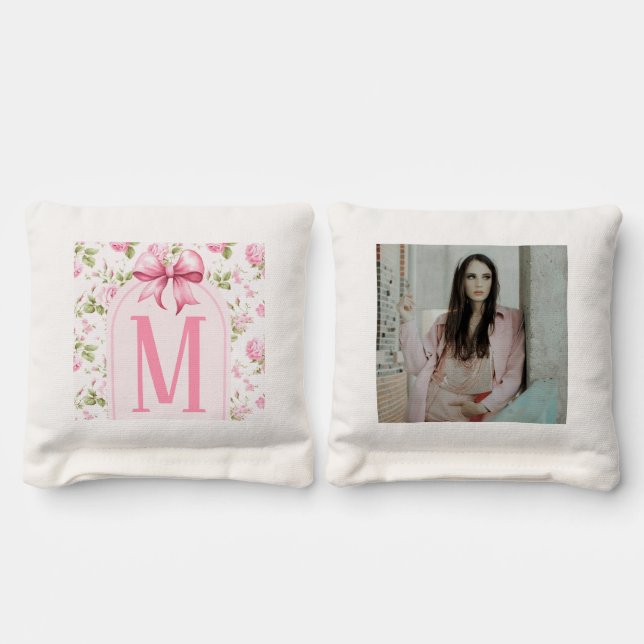 Pink Cottage Rose Monogram Cornhole Bags (Bag 1)
