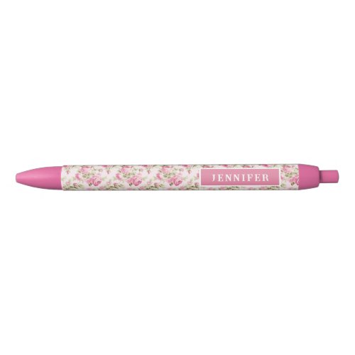 Pink Cottage Rose  Personalized Black Ink Pen