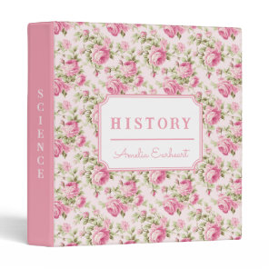 Pink Cottage Rose School Subject 3 Ring Binder