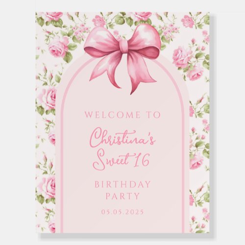 Pink Cottage Rose Sweet 16 Birthday Welcome Foam Board