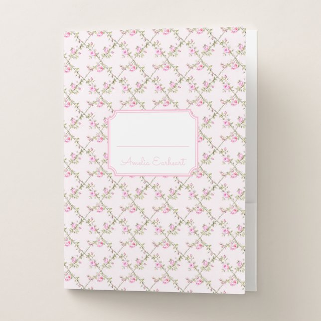 Pink Cottage Rose Trellis Pocket Folder (Front)