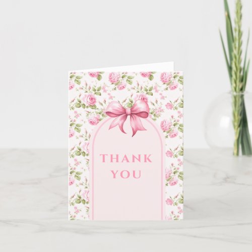 Pink Cottage Rose with Bow Coquette Bridal Shower Thank You Card