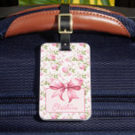 Pink Cottage Rose with Bow Coquette Luggage Tag<br><div class="desc">This sweet luggage tag features a pink cabbage roses in the background with a curved pink box shape that anchors your name personalization with a cute pink bow. On the back is coordinating rose pattern.</div>