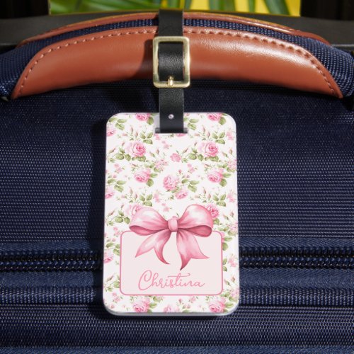Pink Cottage Rose with Bow Coquette Luggage Tag