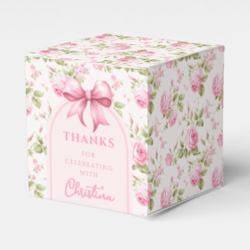 Pink Cottage Rose with Bow Coquette  Thank You Favor Boxes