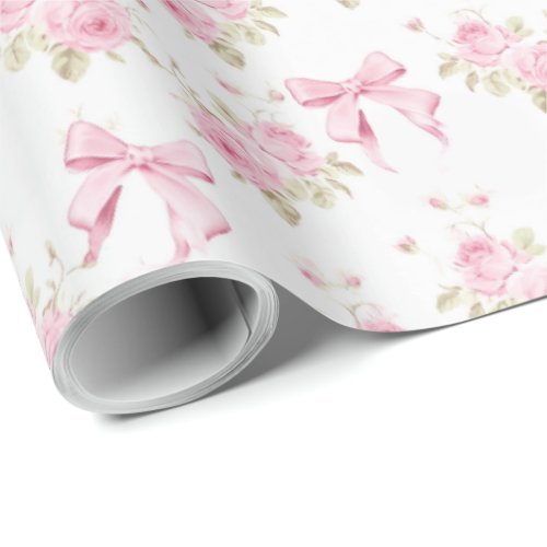 Pink Cottage Rose with Bow Coquette  Wrapping Paper