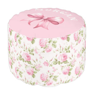 Pink Cottage Roses with Bows Coquette Pouf