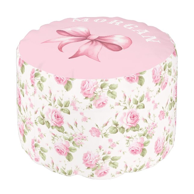 Pink Cottage Roses with Bows | Coquette  Pouf (Angled Back)