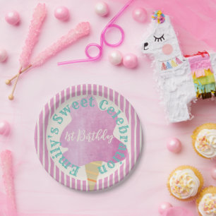 Pink Cotton Candy Birthday Party Teal Tan Paper Plates