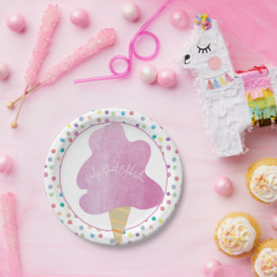 Pink Cotton Candy Birthday Party Watercolor Dots Paper Plates