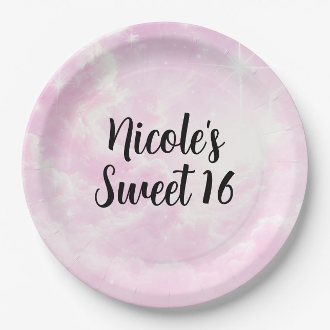 Pink Cotton Candy Clouds Starry Sky Birthday Party Paper Plates (Front)