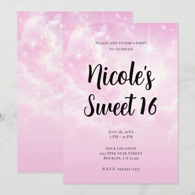 Pink Cotton Candy Clouds Starry Sky Sweet 16 Party Invitation (Front/Back)