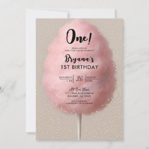 Pink Cotton Candy Gold Confetti 1st Birthday Party Invitation