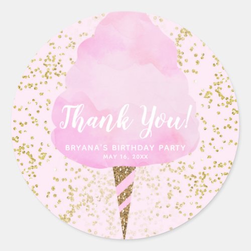 Pink Cotton Candy  Gold Confetti Birthday Party Classic Round Sticker