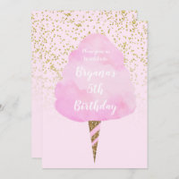 Pink Cotton Candy & Gold Confetti Birthday Party Invitation