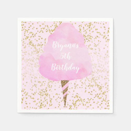 Pink Cotton Candy  Gold Confetti Birthday Party Napkins