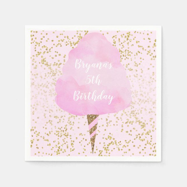 Pink Cotton Candy & Gold Confetti Birthday Party Napkins (Front)