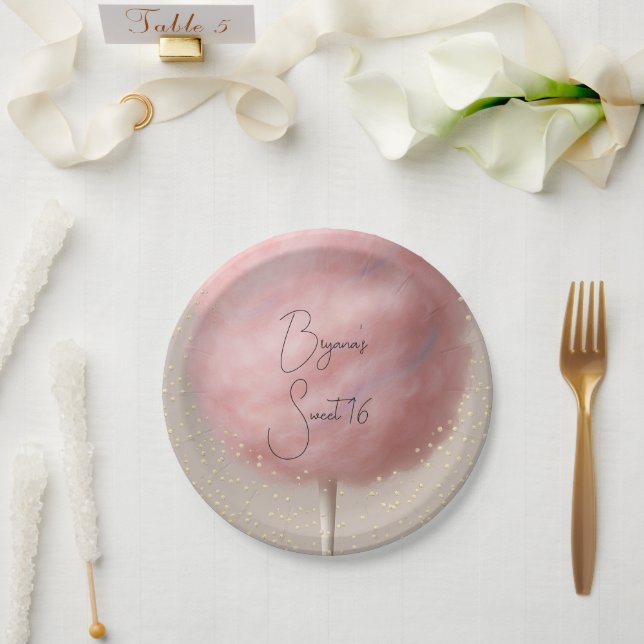 Pink Cotton Candy Gold Confetti Birthday Party Paper Plates (Wedding)