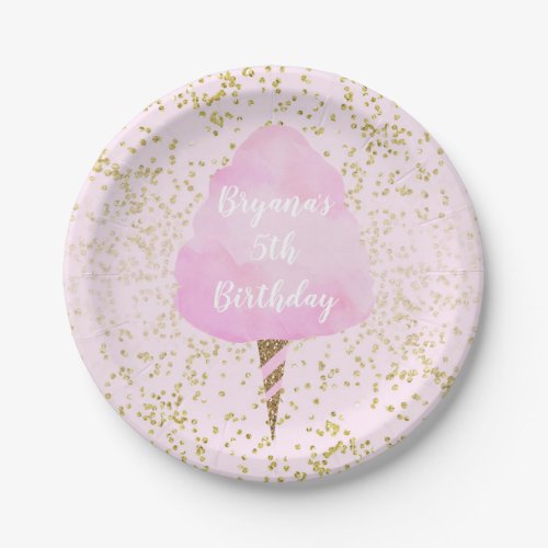 Pink Cotton Candy  Gold Confetti Birthday Party Paper Plates