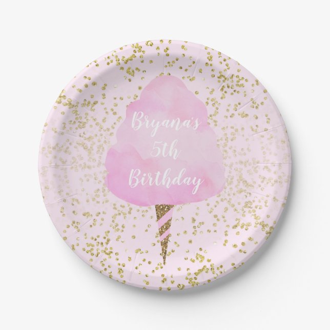 Pink Cotton Candy & Gold Confetti Birthday Party Paper Plates (Front)