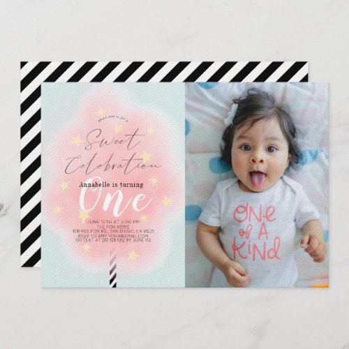 Pink Cotton Candy Sweet Girl 1st Birthday Photo Invitation