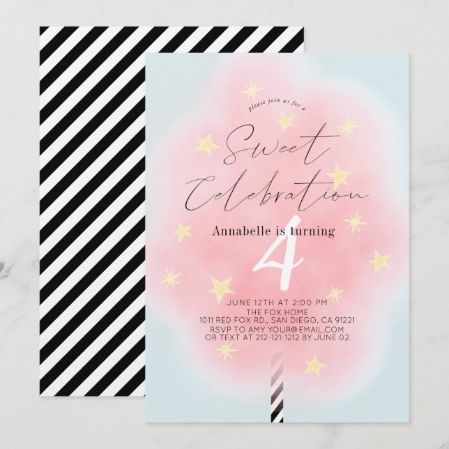 Pink Cotton Candy Sweet Girl Birthday Invitation (Front/Back)