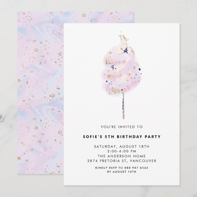 Pink Cotton Candy with Gold Sparkle Birthday Party Invitation (Front/Back)