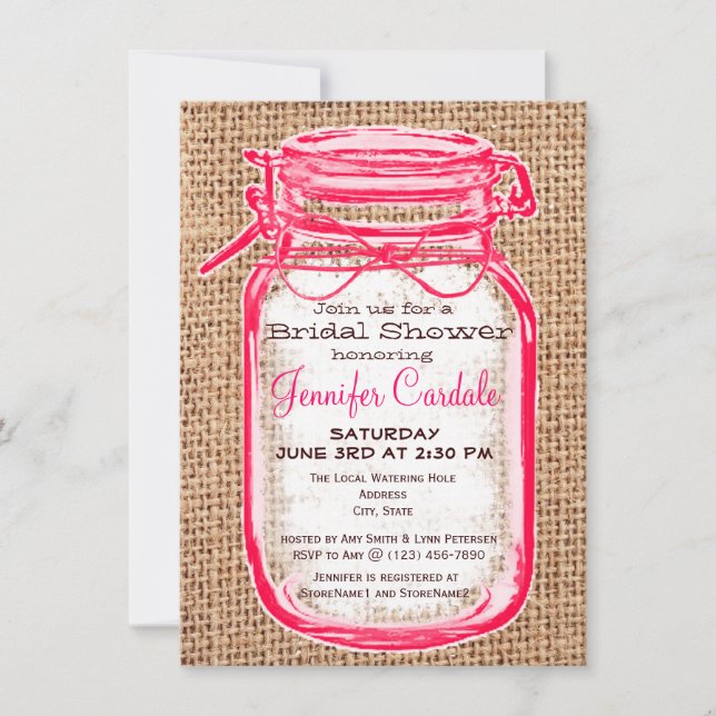 Pink Country Mason Jar Bridal Shower Invitations (Front)