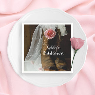 Pink Country Rose and Cowboy Boots Bridal Shower Paper Napkins
