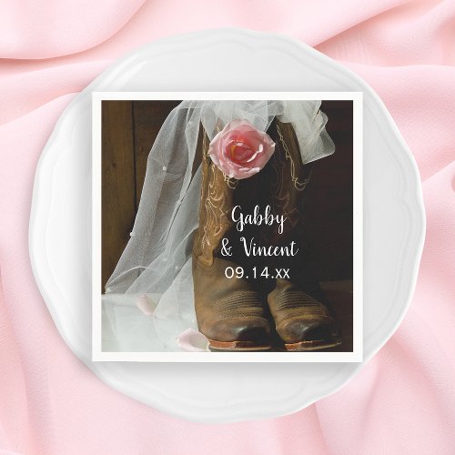 Pink Country Rose and Cowboy Boots Western Wedding Napkins