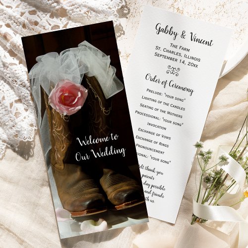 Pink Country Rose and Cowboy Boots Western Wedding Program