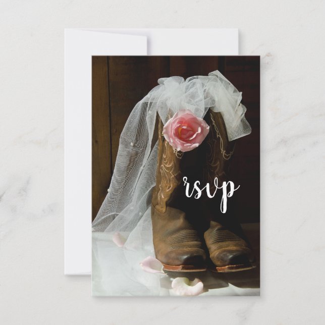 Pink Country Rose and Cowboy Boots Western Wedding RSVP Card (Front)