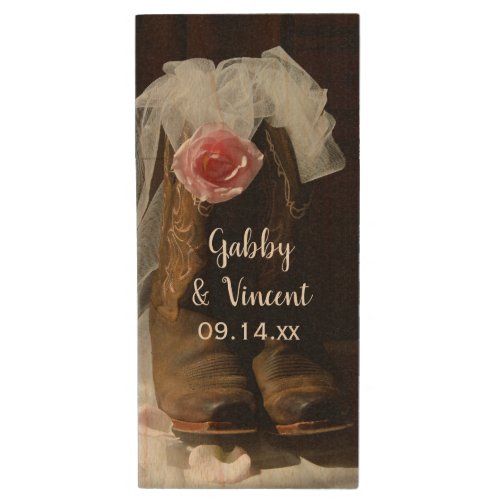 Pink Country Rose and Cowboy Boots Western Wedding Wood Flash Drive
