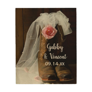 Pink Country Rose and Cowboy Boots Western Wedding Wood Wall Art