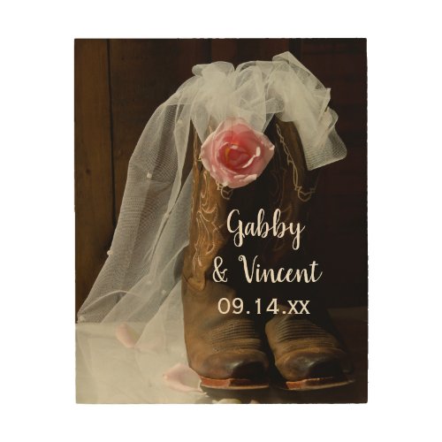 Pink Country Rose and Cowboy Boots Western Wedding Wood Wall Art