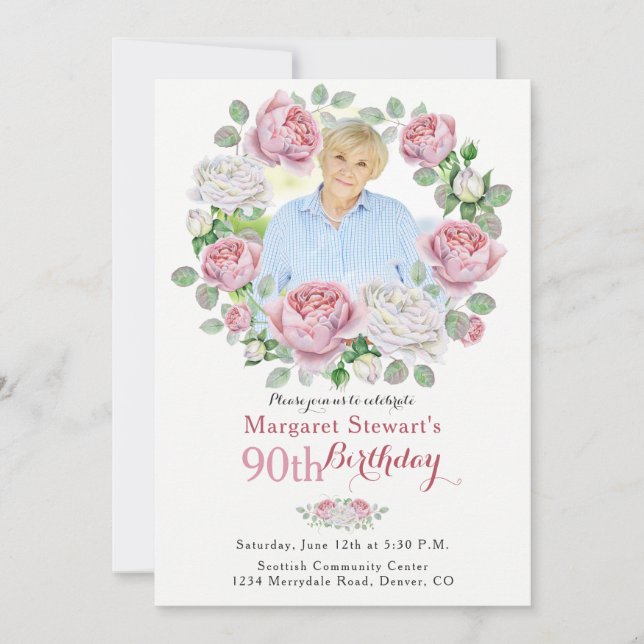 Pink Country Rose Wreath Photo 90th Birthday Invitation (Front)