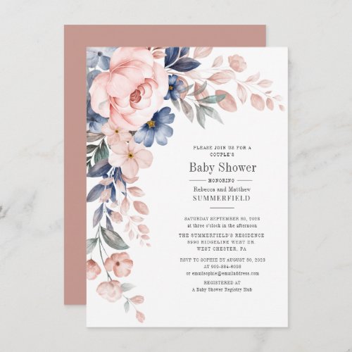 Pink Couples Baby Shower Floral Blue Modern Invitation