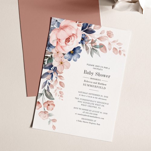 Pink Couples Baby Shower Floral Blue Modern Invitation