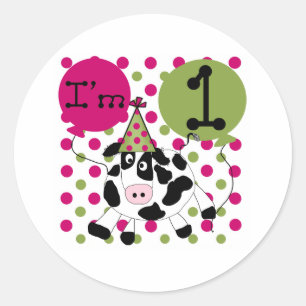 Pink Cow 1st Birthday Classic Round Sticker