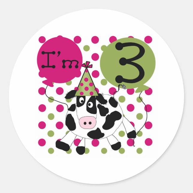Pink Cow 3rd Birthday Classic Round Sticker (Front)